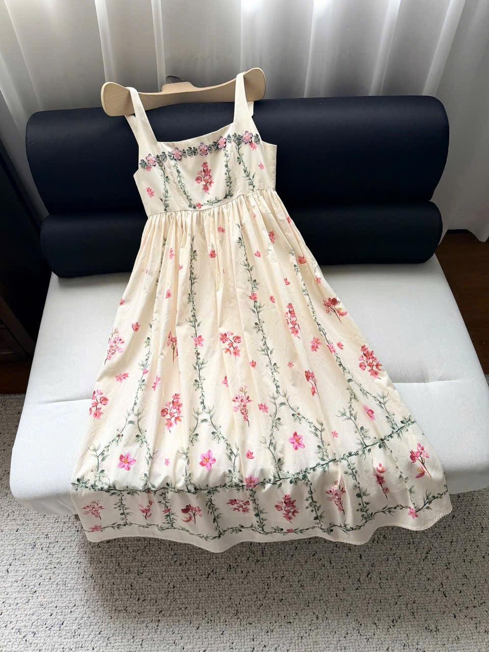 Vintage Floral Embroidered Maxi Dress - Elegant Square Neck Summer Dress